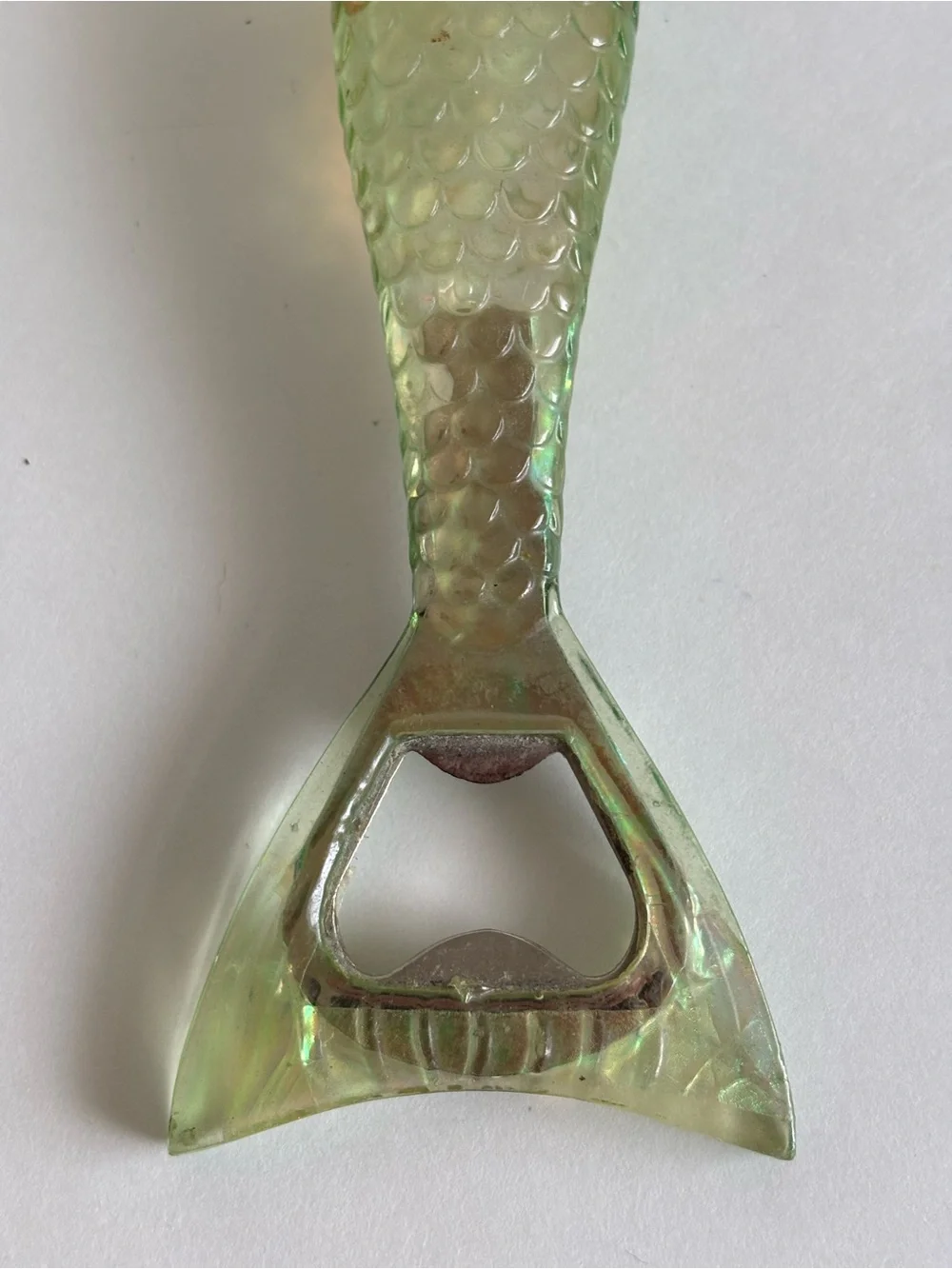 Curvy Mermaid Vintage Bottle Opener Green Orange Iridescent Lucite